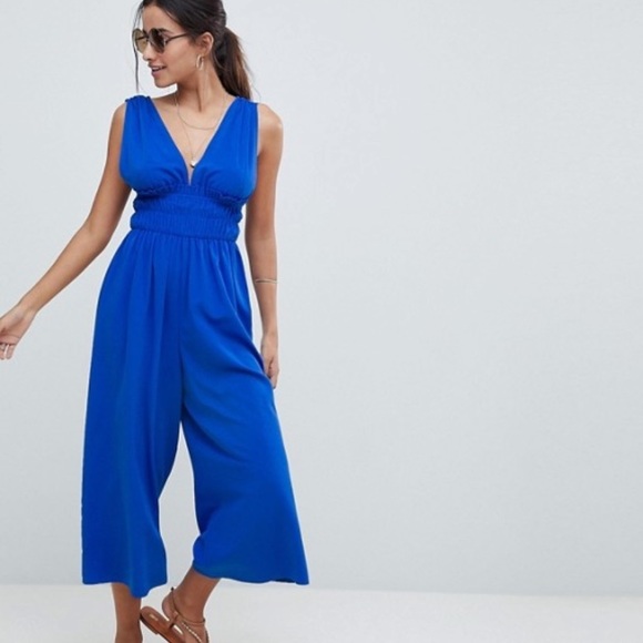 ASOS Pants - ASOS Ruched Waist Wide Leg Blue Plunging Jumpsuit